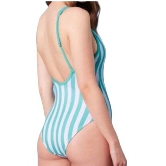 Kona Sol One Piece Green Stripe Print V-Neck Adjustable Bathing Suit S - Picture 2 of 10